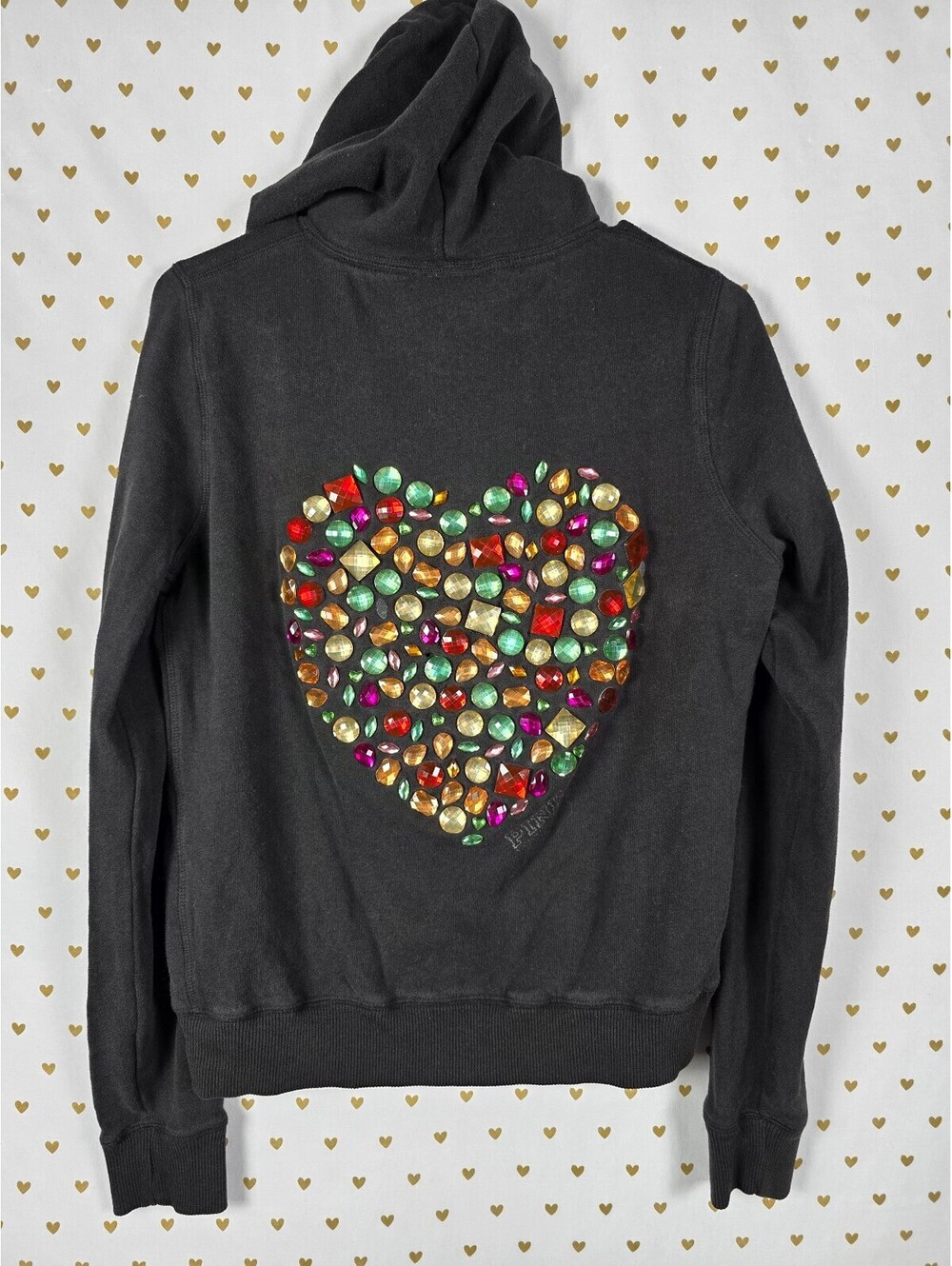 Vintage PINK Victoria's Secret Jeweled Heart Full Zip Hoodie Black Bling M